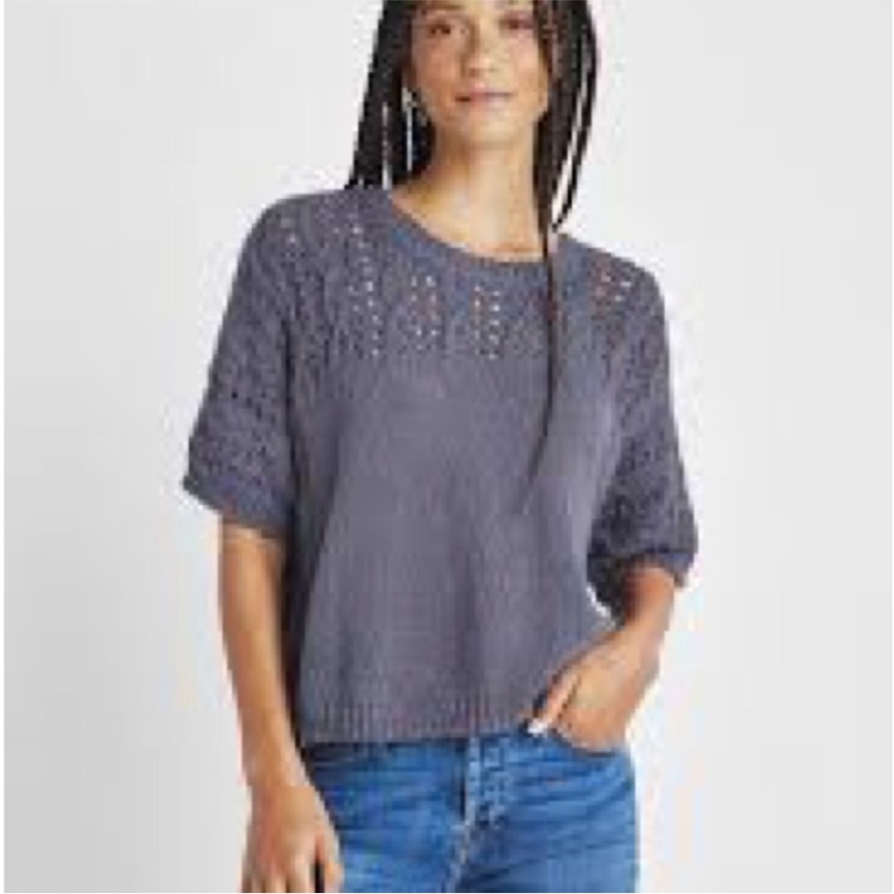 Splendid Slate Gray Openwork Scoop-Neck Knit Top